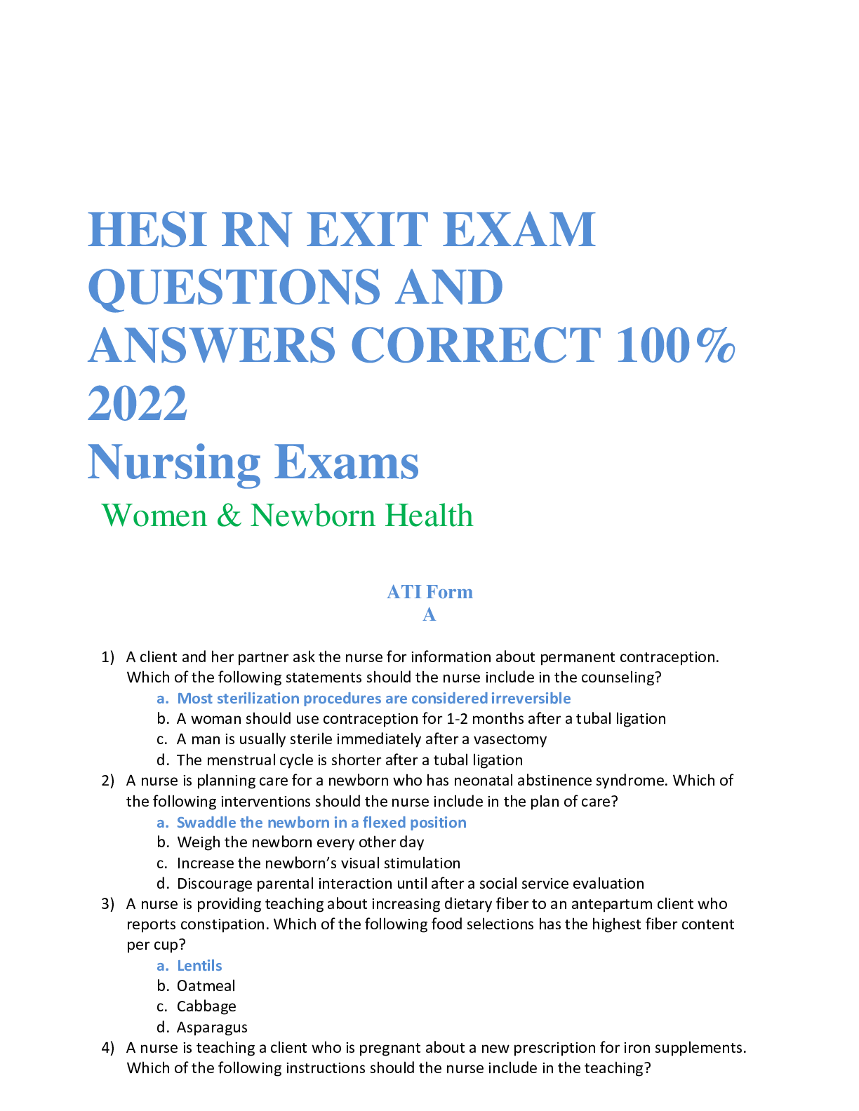 NURS 328 PEDIATRIC NURSING EXAM QUESTIONS AND ANSWERS